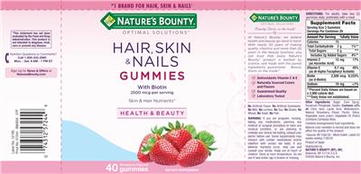Photo of the Nature's Bounty Optimal Solutions Hair, Skin & Nails Gummies with Biotin 2500 mcg Strawberry Flavored label
