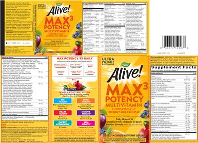 Photo of the Nature's Way Alive! Max3 Potency Multivitamin label