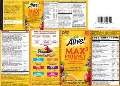 Photo of the Nature's Way Alive! Max3 Daily Potency Multivitamin No Added Iron label
