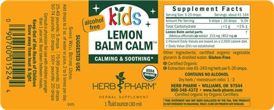 Photo of the Herb Pharm Kids Lemon Balm Calm Alcohol Free label
