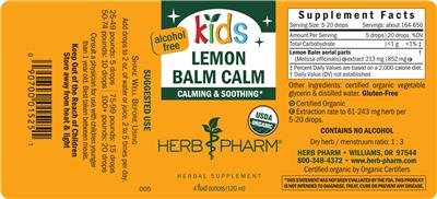 Photo of the Herb Pharm Kids Lemon Balm Calm Alcohol Free label