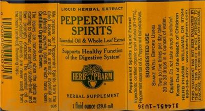 Photo of the Herb Pharm Peppermint Spirits Essential Oil & Whole Leaf Extract label