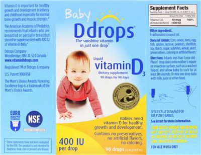 Photo of the Ddrops Liquid Vitamin D3 400 IU label