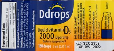 Photo of the Ddrops Liquid Vitamin D3 2000 IU label