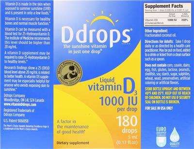 Photo of the Ddrops Liquid Vitamin D3 1000 IU label