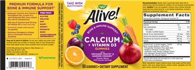 Photo of the Nature's Way Alive! Calcium + Vitamin D3 Gummies label