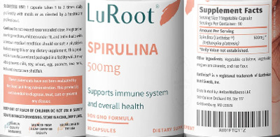 Photo of the LuRoot Spirulina 500 mg label