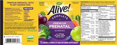 Photo of the Nature's Way Alive! Complete Premium Prenatal Gummies label