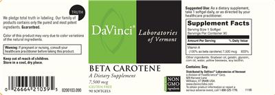 Photo of the DaVinci Laboratories of Vermont Beta Carotene 7,500 mcg label