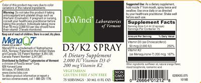 Photo of the DaVinci Laboratories of Vermont D3/K2 Spray label