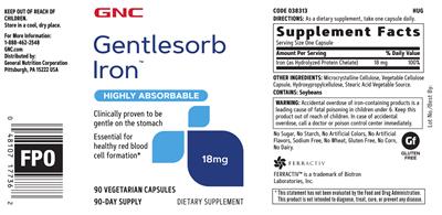 Photo of the GNC Gentlesorb Iron 18 mg label