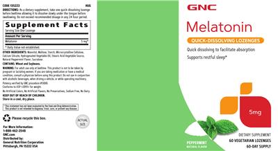 Photo of the GNC Melatonin 5 mg Quick-Dissolving Lozenges Peppermint label