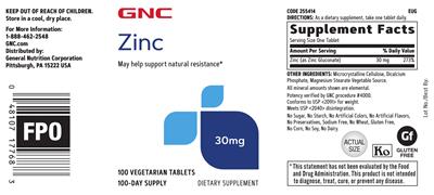 Photo of the GNC Zinc 30 mg label