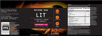 Photo of the GNC Beyond Raw LIT Raspberry Tea label