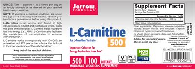 Photo of the Jarrow Formulas L-Carnitine 500 mg label