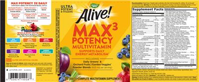 Photo of the Nature's Way Alive! Max3 Potency Multivitamin label