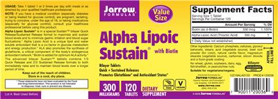 Photo of the Jarrow Formulas Alpha Lipoic Sustain 300 mg with Biotin label