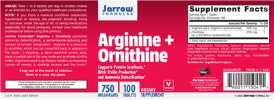 Photo of the Jarrow Formulas Arginine + Ornithine 750 mg label