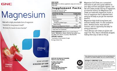 Photo of the GNC Magnesium 250 mg Strawberry Natural Flavor label
