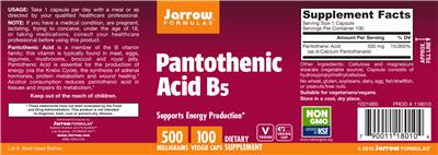 Photo of the Jarrow Formulas Pantothenic Acid B5 500 mg label