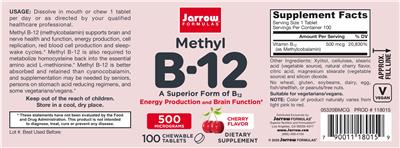 Photo of the Jarrow Formulas Methyl B-12 500 mcg Cherry Flavor label