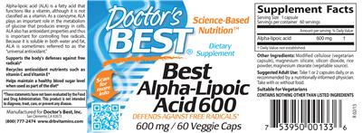 Photo of the Doctor's Best Best Alpha-Lipoic Acid 600 label