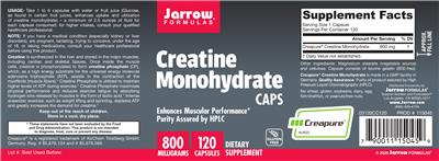 Photo of the Jarrow Formulas Creatine Monohydrate Caps 800 mg label