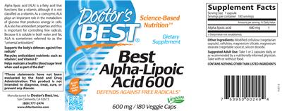 Photo of the Doctor's Best Best Alpha-Lipoic Acid 600 label