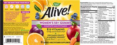 Photo of the Nature's Way Alive! Women's 50+ Gummy Complete Multivitamins Mixed Berry Flavor label