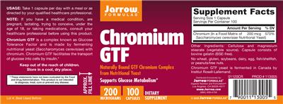 Photo of the Jarrow Formulas Chromium GTF 200 mcg label