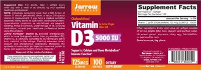 Photo of the Jarrow Formulas Vitamin D3 5000 IU label