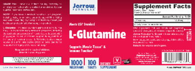 Photo of the Jarrow Formulas L-Glutamine 1000 mg label