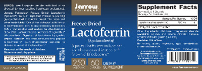 Photo of the Jarrow Formulas Freeze Dried Lactoferrin 250 mg label