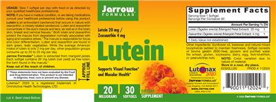 Photo of the Jarrow Formulas Lutein 20 mg label