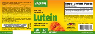 Photo of the Jarrow Formulas Lutein 20 mg label