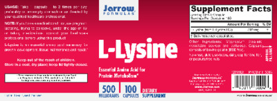 Photo of the Jarrow Formulas L-Lysine 500 mg label
