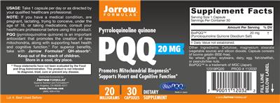 Photo of the Jarrow Formulas PQQ 20 mg label