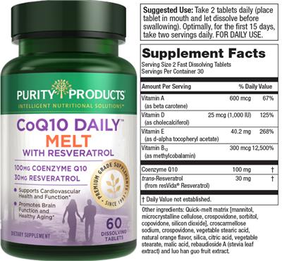 Photo of the Purity Products CoQ10 Daily Melt with Resveratrol label