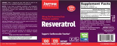 Photo of the Jarrow Formulas Resveratrol 100 mg label