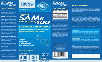 Photo of the Jarrow Formulas SAMe 400 label