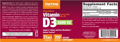 Photo of the Jarrow Formulas Vitamin D3 25 mcg (1000 IU) label
