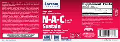Photo of the Jarrow Formulas N-A-C Sustain 600 mg label