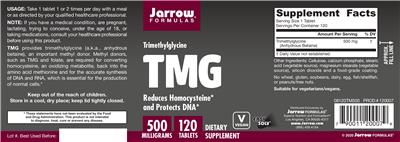 Photo of the Jarrow Formulas TMG 500 mg label
