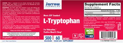 Photo of the Jarrow Formulas L-Tryptophan 500 mg label