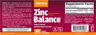 Photo of the Jarrow Formulas Zinc Balance label