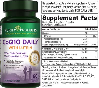 Photo of the Purity Products CoQ10 Daily with Lutein label