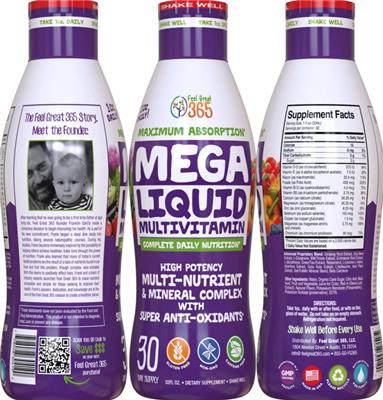 Photo of the Feel Great 365 Mega Liquid Multivitamin label