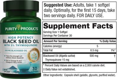 Photo of the Purity Products High Potency Black Seed Oil label
