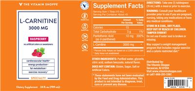 Photo of the The Vitamin Shoppe L-Carnitine 3000 mg Raspberry label