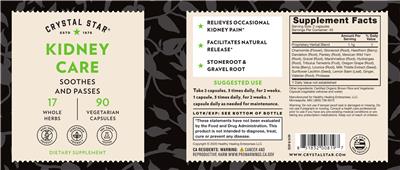 Photo of the Crystal Star Kidney Care label